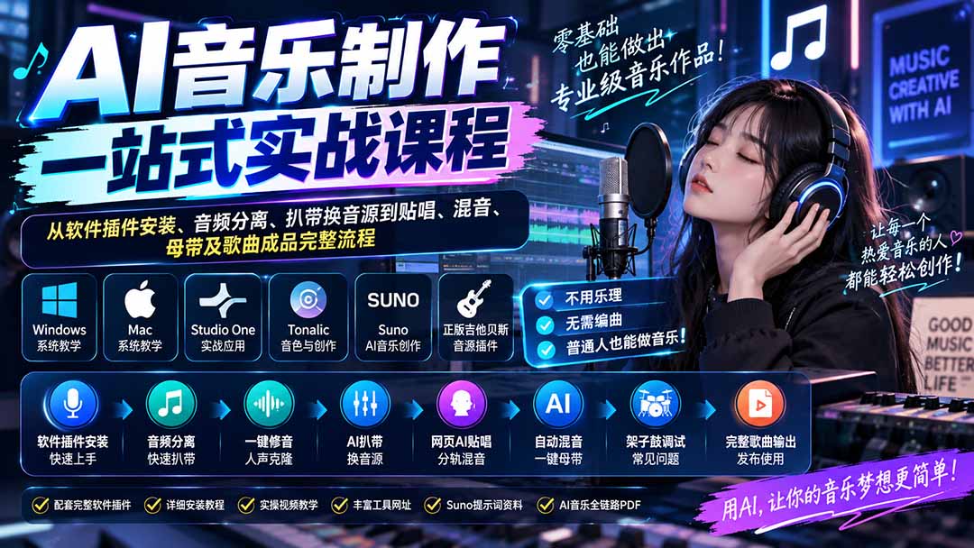 (20490期)AI音乐制作一站式实战课程:从软件插件安装、音频分离、扒带换音源到贴唱、混音、母带及歌曲成品完整流程-悟空知识星球