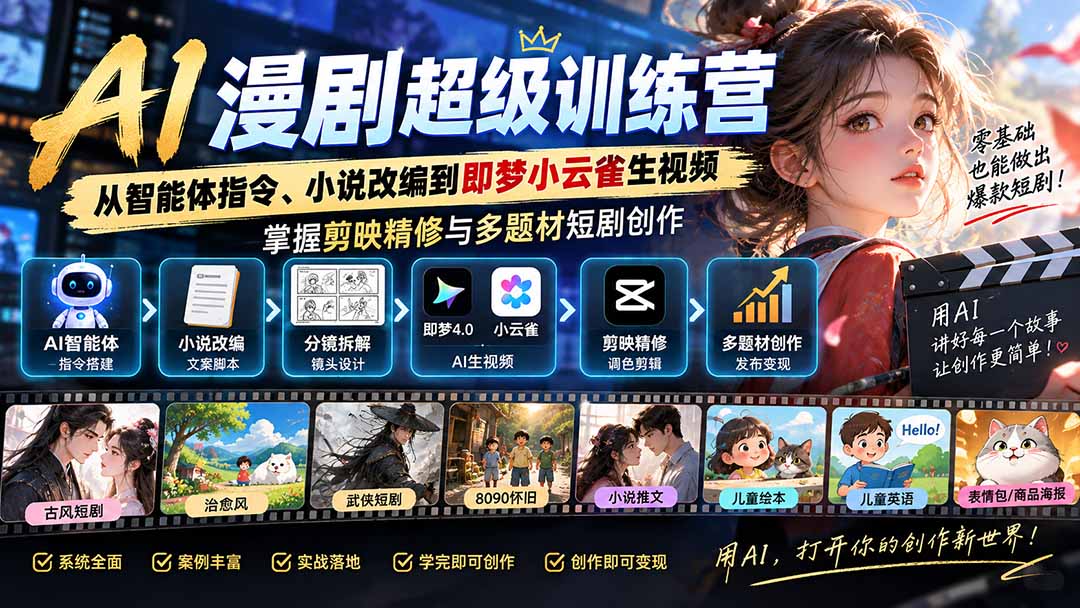 (20491期)AI漫剧超级特训营:从智能体指令、小说改编到即梦小云雀生视频,掌握剪映精修与多题材短剧创作-悟空知识星球