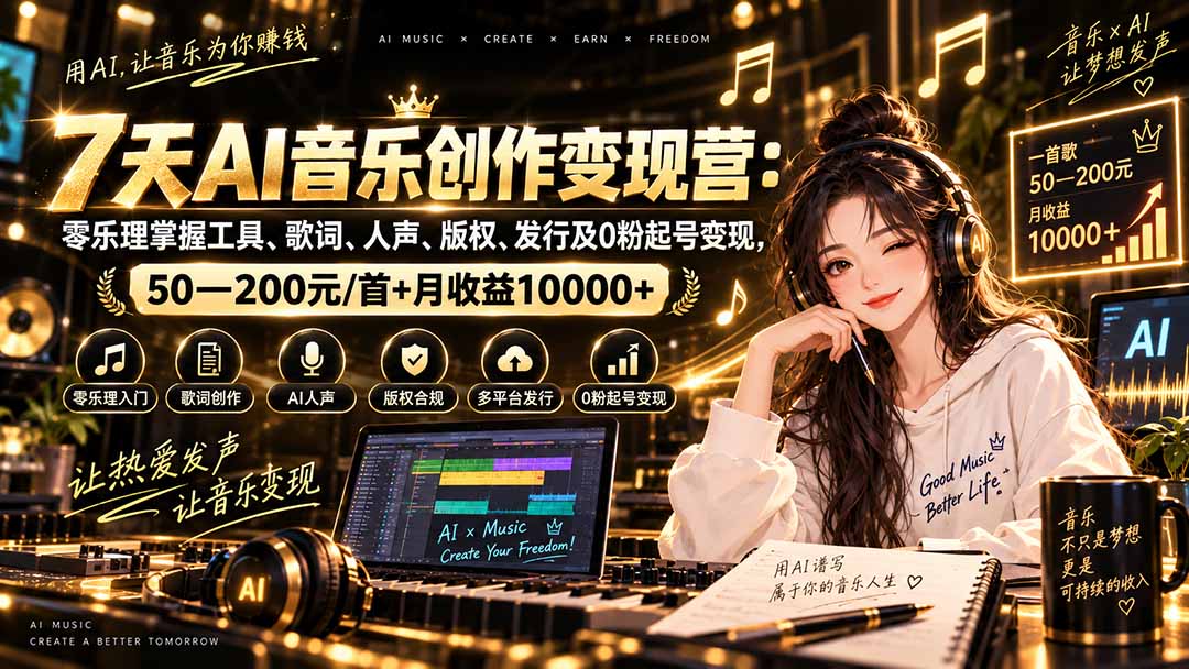 （20442期）AI音乐创作变现营：零乐理掌握工具、歌词、人声、版权、发行及0粉起号变现，50—200元/首+月收益10000+-悟空知识星球