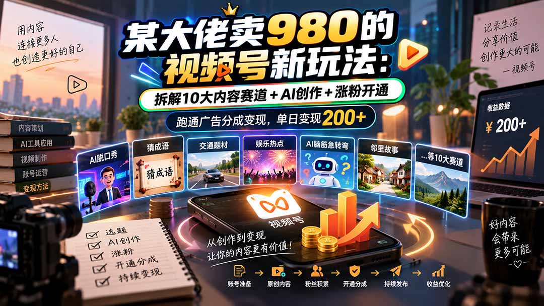 （20573期）某大佬卖980的视频号新玩法：拆解10大内容赛道+AI创作+涨粉开通，跑通广告分成变现，单日变现200+-悟空知识星球