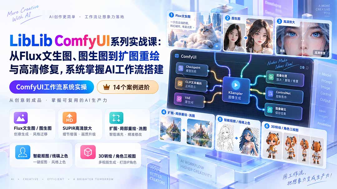 (20368期)LibLib ComfyUI系列实战课:从Flux文生图、图生图到扩图重绘与高清修复,系统掌握AI工作流搭建-悟空知识星球