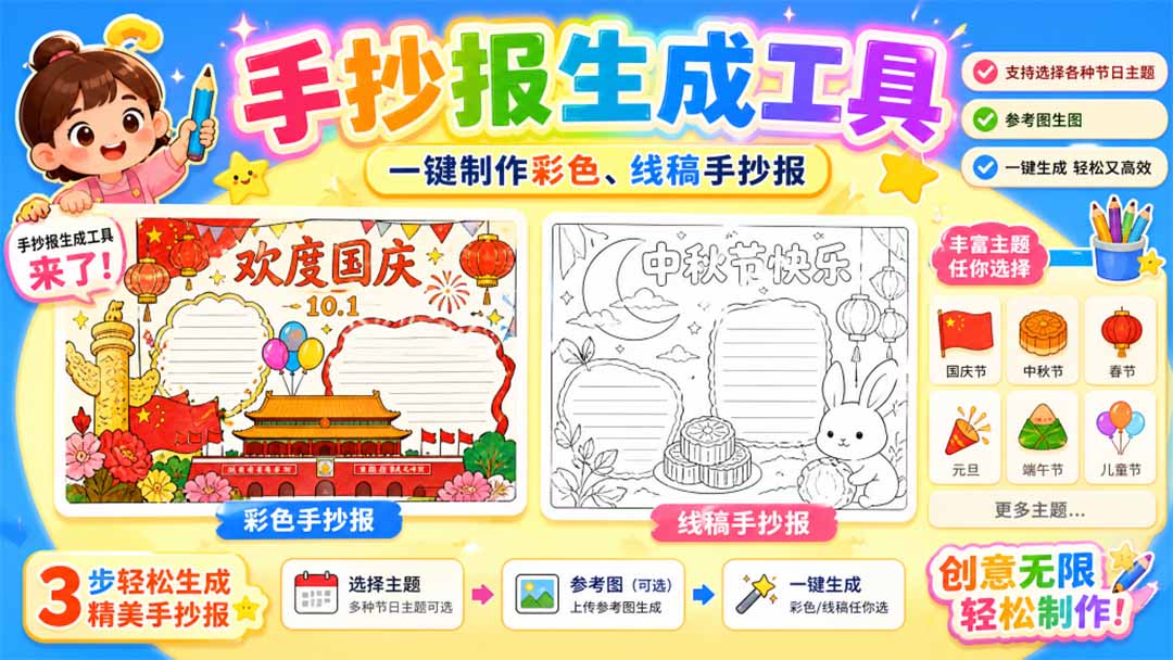 (20265期)手抄报批量生成工具来了,完全免费,告别豆包生图,这个高清无水印-悟空知识星球