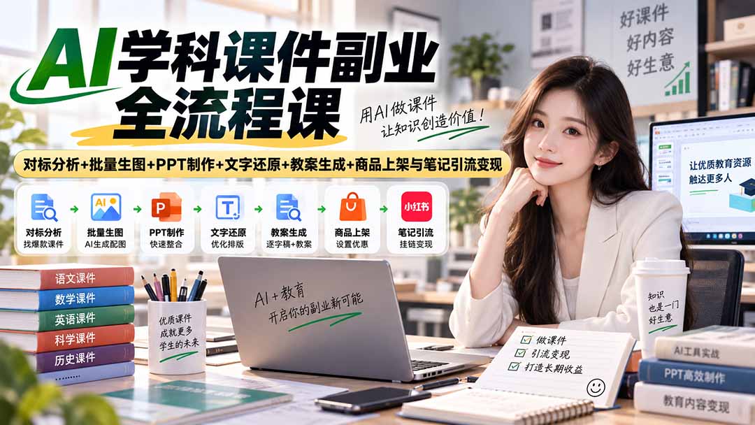 (20469期)AI学科课件副业全流程课|对标分析+批量生图+PPT制作+文字还原+教案生成+商品上架与笔记引流变现-悟空知识星球