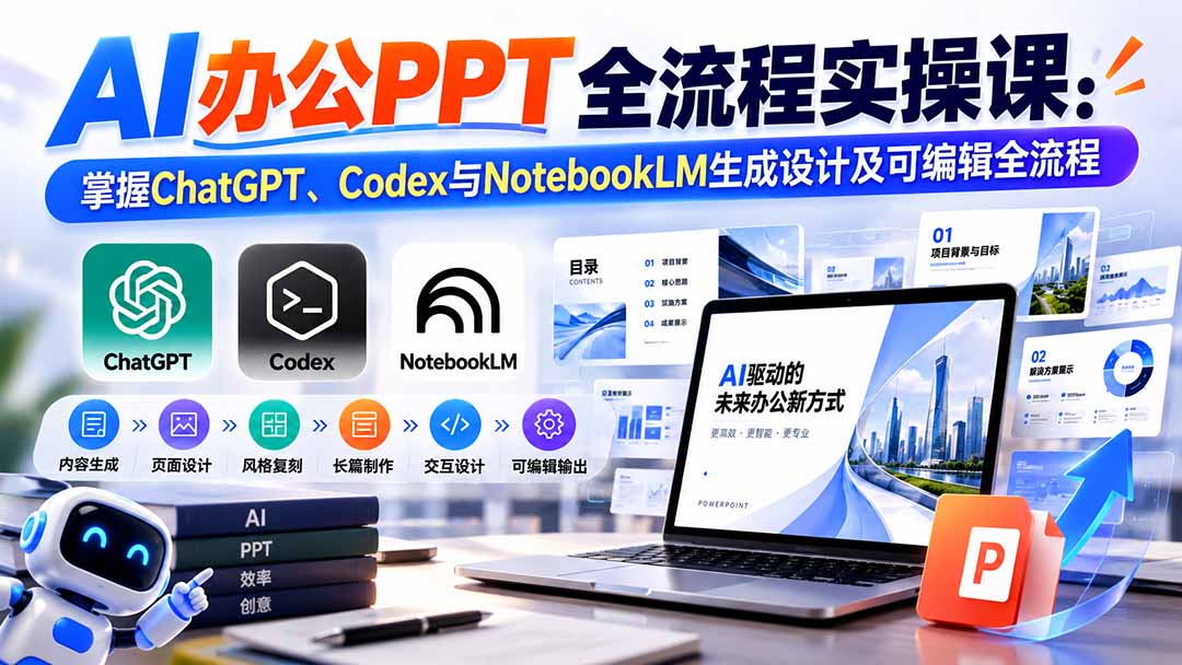 (20660期)【无水印】AI办公PPT全流程实操课: 掌握ChatGPT、Codex与NotebookLM生成设计及可编辑全流程-悟空知识星球