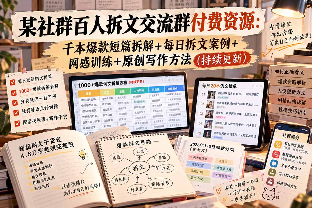 (20635期)某社群百人拆文交流群付费资源:千本爆款短篇拆解+每日拆文案例+网感训练+原创写作方法 (持续更新)-悟空知识星球
