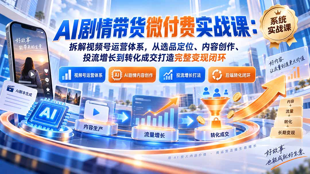 (20611期)AI剧情带货微付费实战课:拆解视频号运营体系,从选品定位、内容创作、投流增长到转化成交打造完整变现闭环-悟空知识星球