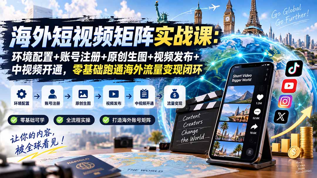 (20470期)海外短视频矩阵实战课:环境配置+账号注册+原创生图+视频发布+中视频开通,零基础跑通海外流量变现闭环-悟空知识星球