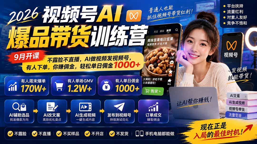 (20537期)2026视频号AI爆品带货训练营-9月开课|不露脸不直播,AI做视频发视频号,有人下单,你赚佣金,轻松单日佣金1000+-悟空知识星球