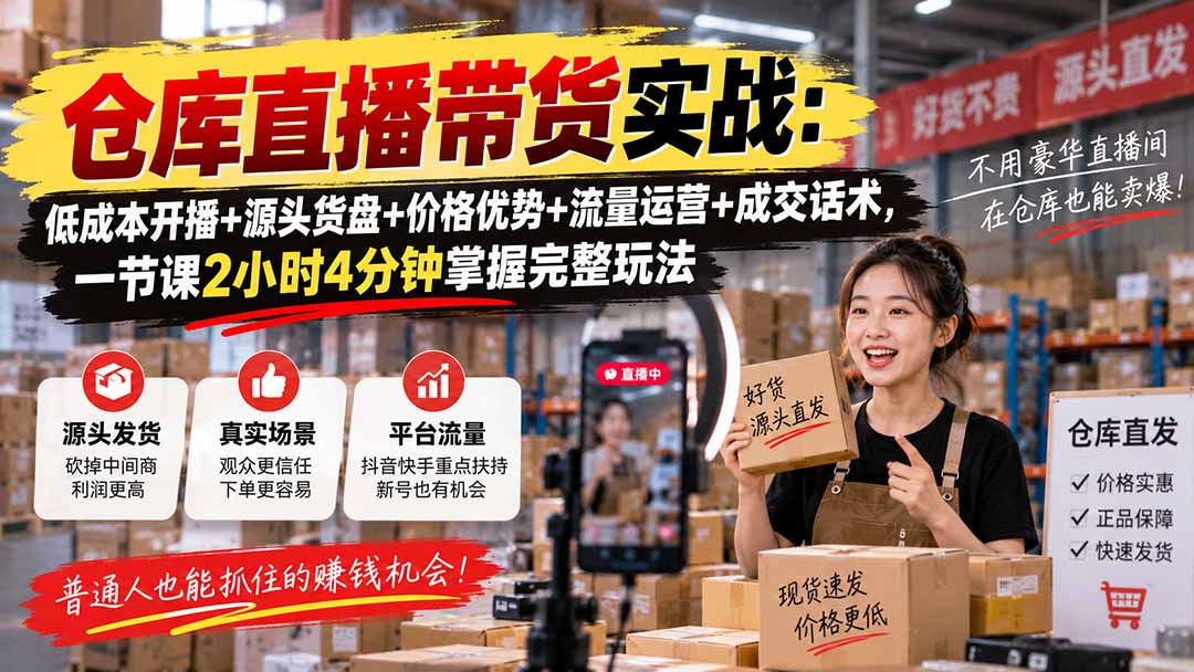 (20471期)仓库直播带货实战:低成本开播+源头货盘+价格优势+流量运营+成交话术,一节课2小时4分钟掌握完整玩法-悟空知识星球