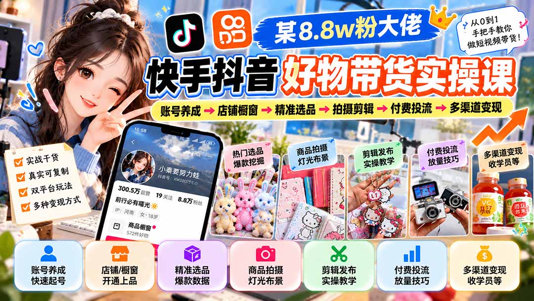 (20733期)某8.8w粉大佬快手抖音好物带货实操课:账号养成→店铺橱窗→精准选品→拍摄剪辑→付费投流→多渠道变现-悟空知识星球
