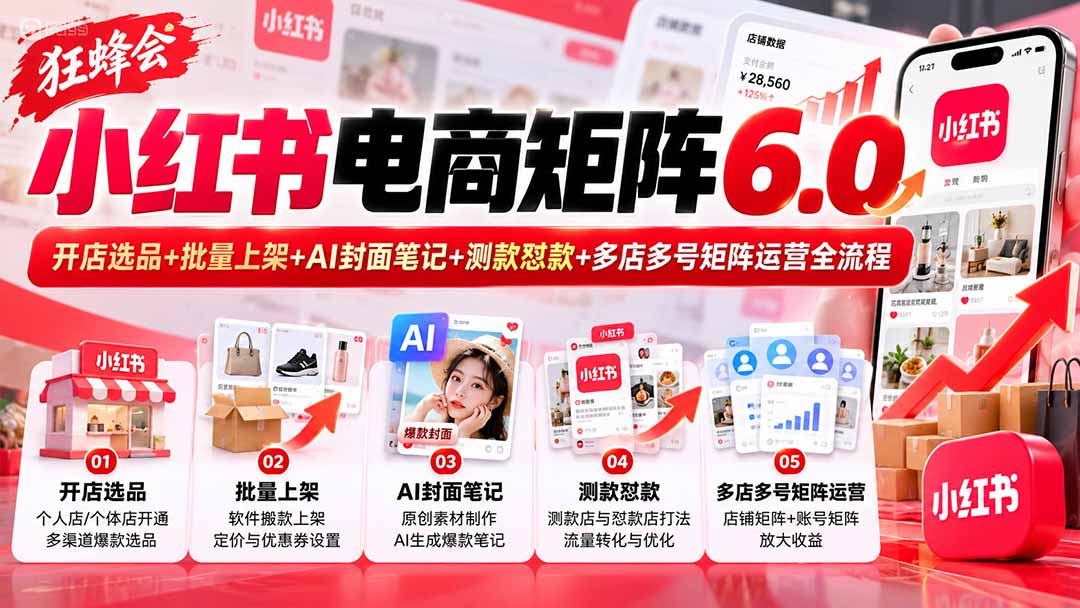 （20732期）【无水印】狂蜂会小红书电商矩阵6.0：开店选品+批量上架+AI封面笔记+测款怼款+多店多号矩阵运营全流程-悟空知识星球