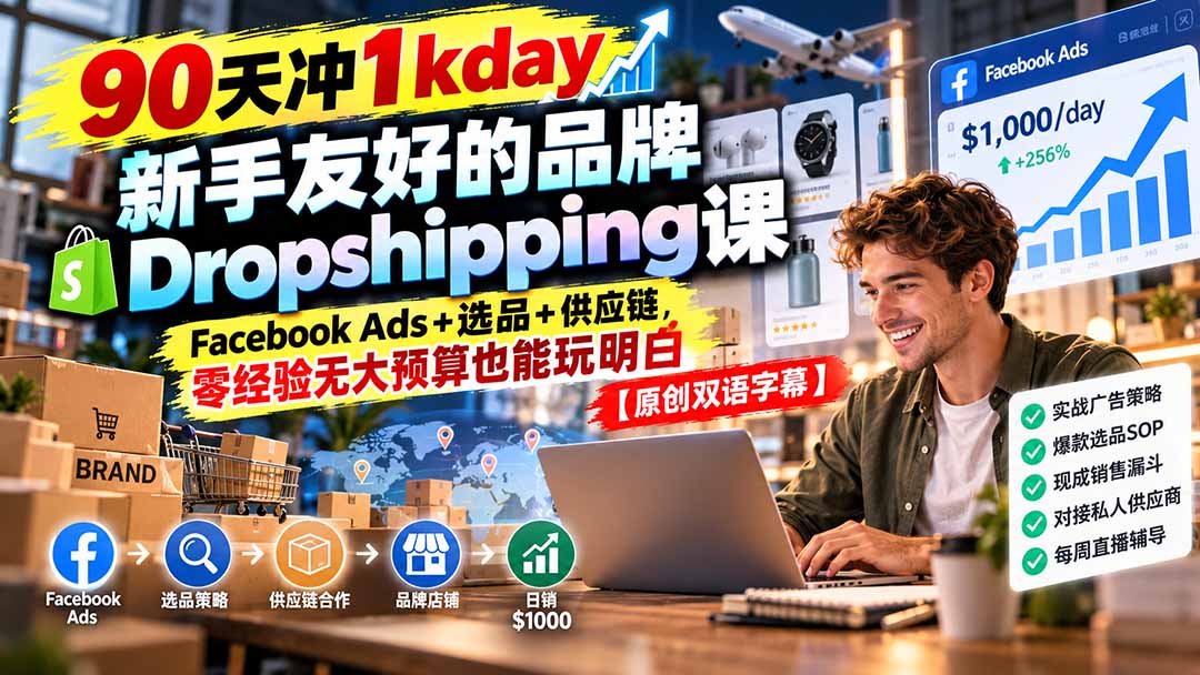 (20738期)90天冲1kday 新手友好的品牌Dropshipping课:Facebook Ads+选品+供应链,零经验无大预算也能玩明白【原创双语字幕】-悟空知识星球
