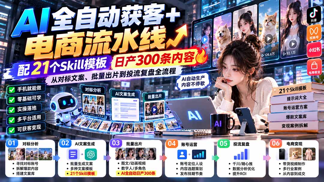 （20664期）AI全自动获客+电商流水线：配21个Skill模板，日产300条内容，从对标文案、批量出片到投流复盘全流程-悟空知识星球