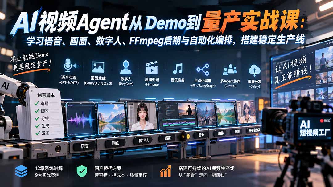 (20451期)AI视频Agent从Demo到量产实战课:学习语音、画面、数字人、FFmpeg后期与自动化编排,搭建稳定生产线-悟空知识星球