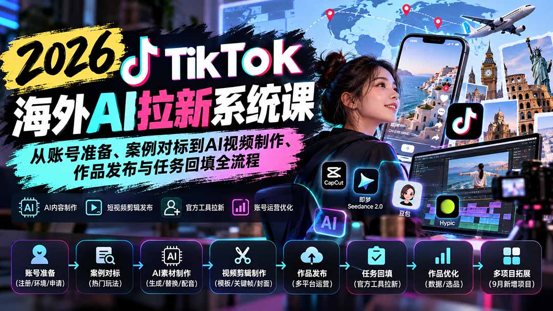 (20675期)【无水印】2026 TikTok海外AI拉新系统课:从账号准备、案例对标到AI视频制作、作品发布与任务回填全流程-悟空知识星球