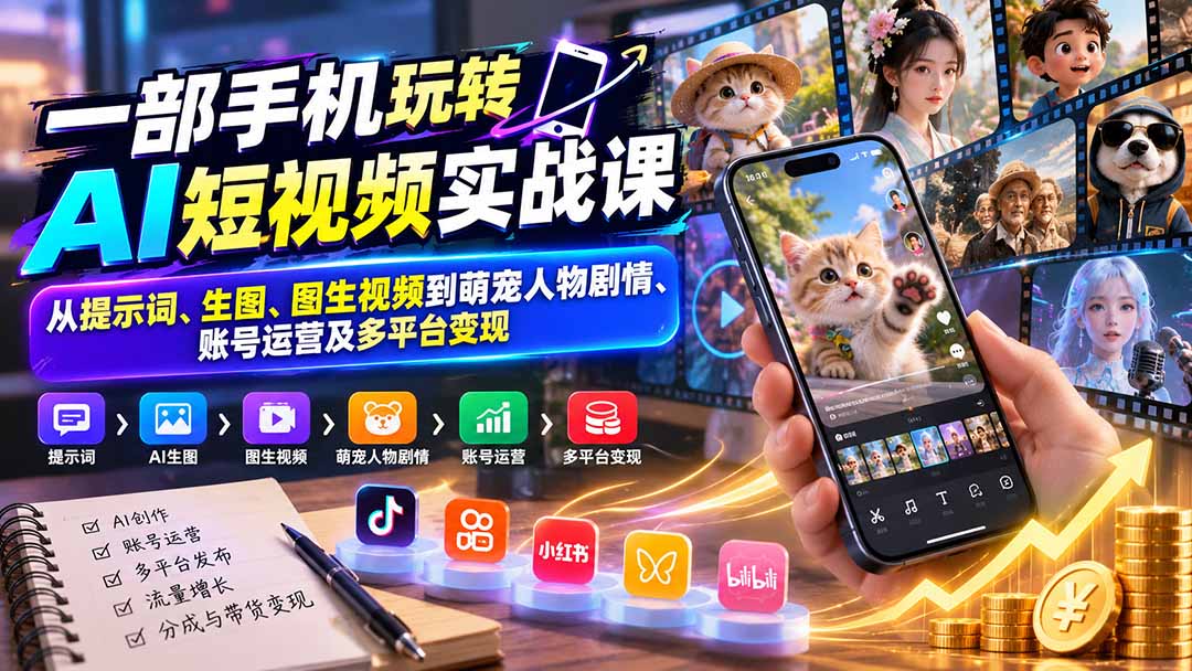 （20663期）一部手机玩转AI短视频实战课：从提示词、生图、图生视频到萌宠人物剧情、账号运营及多平台变现-悟空知识星球