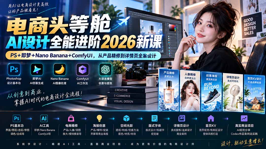 (20284期)电商头等舱AI设计全能进阶2026新课:PS+即梦+Nano Banana+ComfyUI,从产品精修到详情页全案设计-悟空知识星球