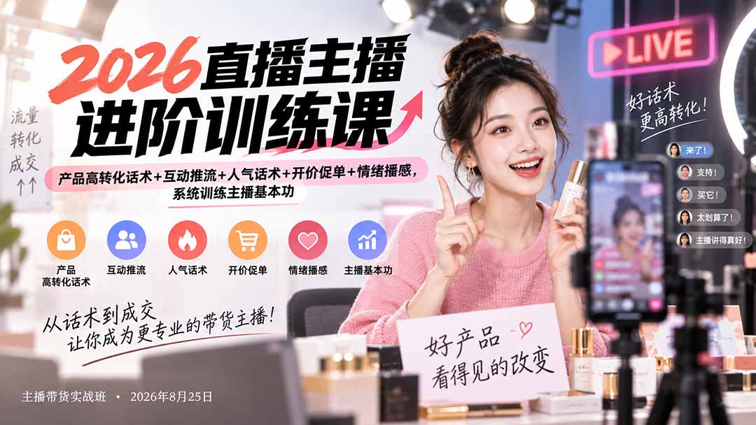 (20408期)2026直播主播进阶训练课:产品高转化话术+互动推流+人气话术+开价促单+情绪播感,系统训练主播基本功-悟空知识星球