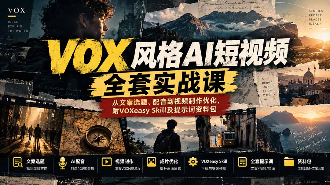 （20677期）【无水印】VOX风格AI短视频全套实战课：从文案选题、配音到视频制作优化，附VOXeasy Skill及提示词资料包-悟空知识星球