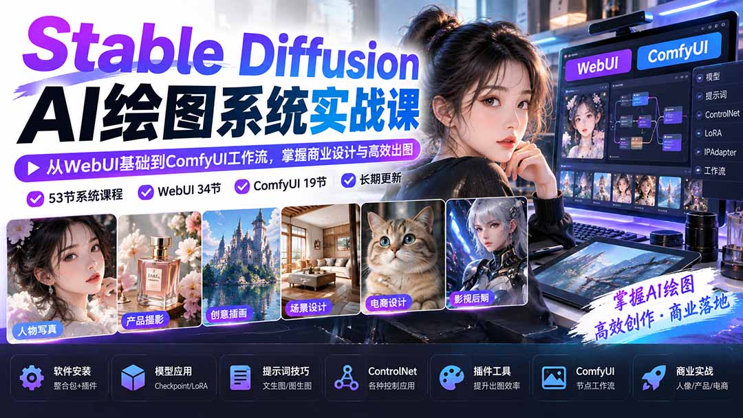 (20678期)Stable Diffusion AI绘图系统实战课:从WebUI基础到ComfyUI工作流,掌握商业设计与高效出图-悟空知识星球