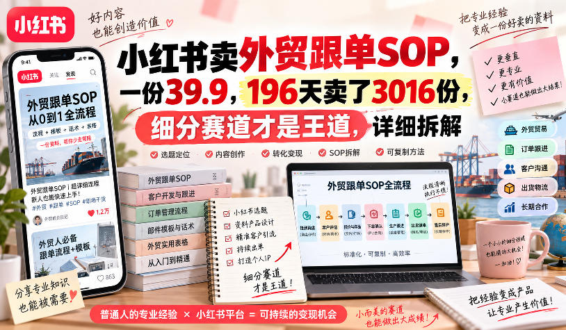小红书卖外贸跟单sop，一份39.9，196天卖了3016份，细分赛道才是王道，详细拆解-悟空知识星球