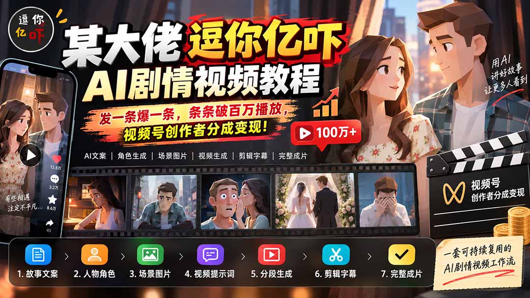 (20388期)某大佬逗你亿吓AI低模剧情视频制作教程:发一条爆一条,条条破百万播放,利用视频号创作者分成变现!-悟空知识星球