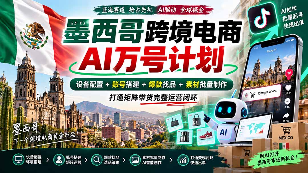 (20500期)墨西哥AI跨境电商万号计划|设备配置+账号搭建+爆款找品+素材批量制作,打通矩阵带货完整运营闭环-悟空知识星球