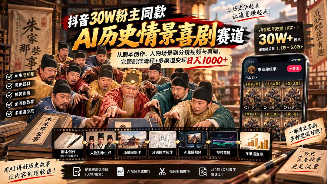 (20613期)抖音30W粉博主同款AI历史情景喜剧赛道:从剧本创作、人物场景到分镜视频与剪辑,完整制作流程+多渠道变现日入1000+-悟空知识星球