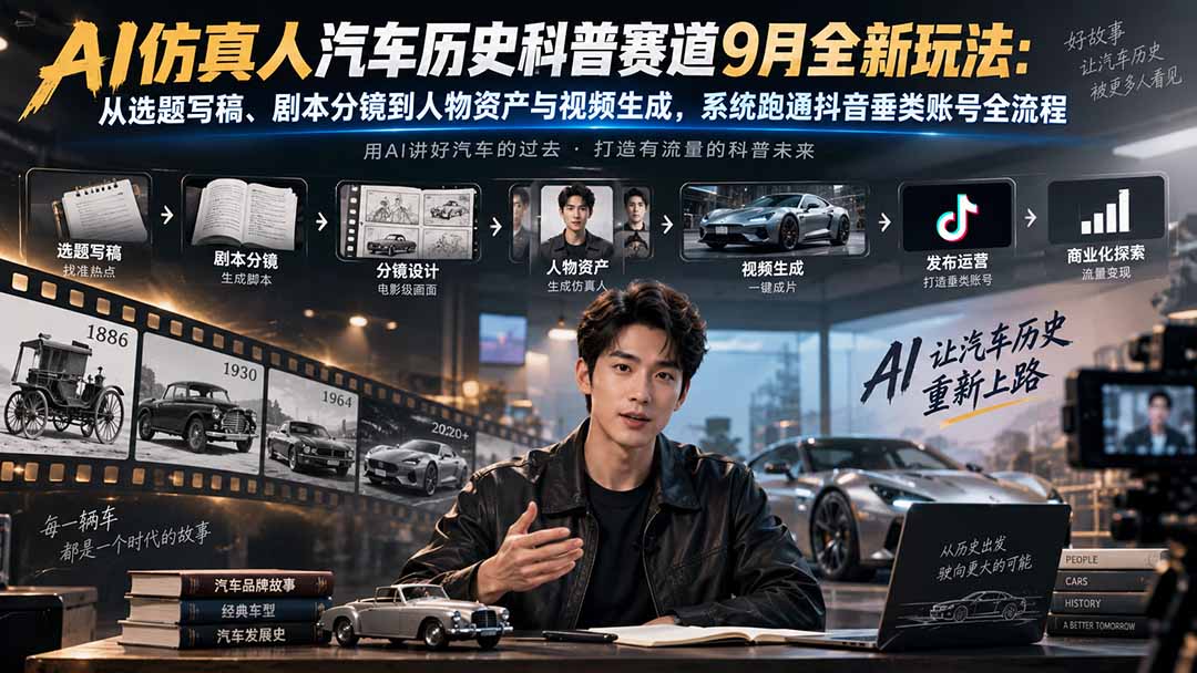 （20413期）AI仿真人汽车历史科普赛道9月全新玩法：从选题写稿、剧本分镜到人物资产与视频生成，系统跑通抖音垂类账号全流程-悟空知识星球