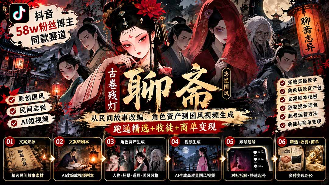 （20667期）抖音58w粉丝博主同款赛道古卷残灯聊斋：从民间故事改编、角色资产到国风视频生成，跑通精选+收徒+商单变现-悟空知识星球