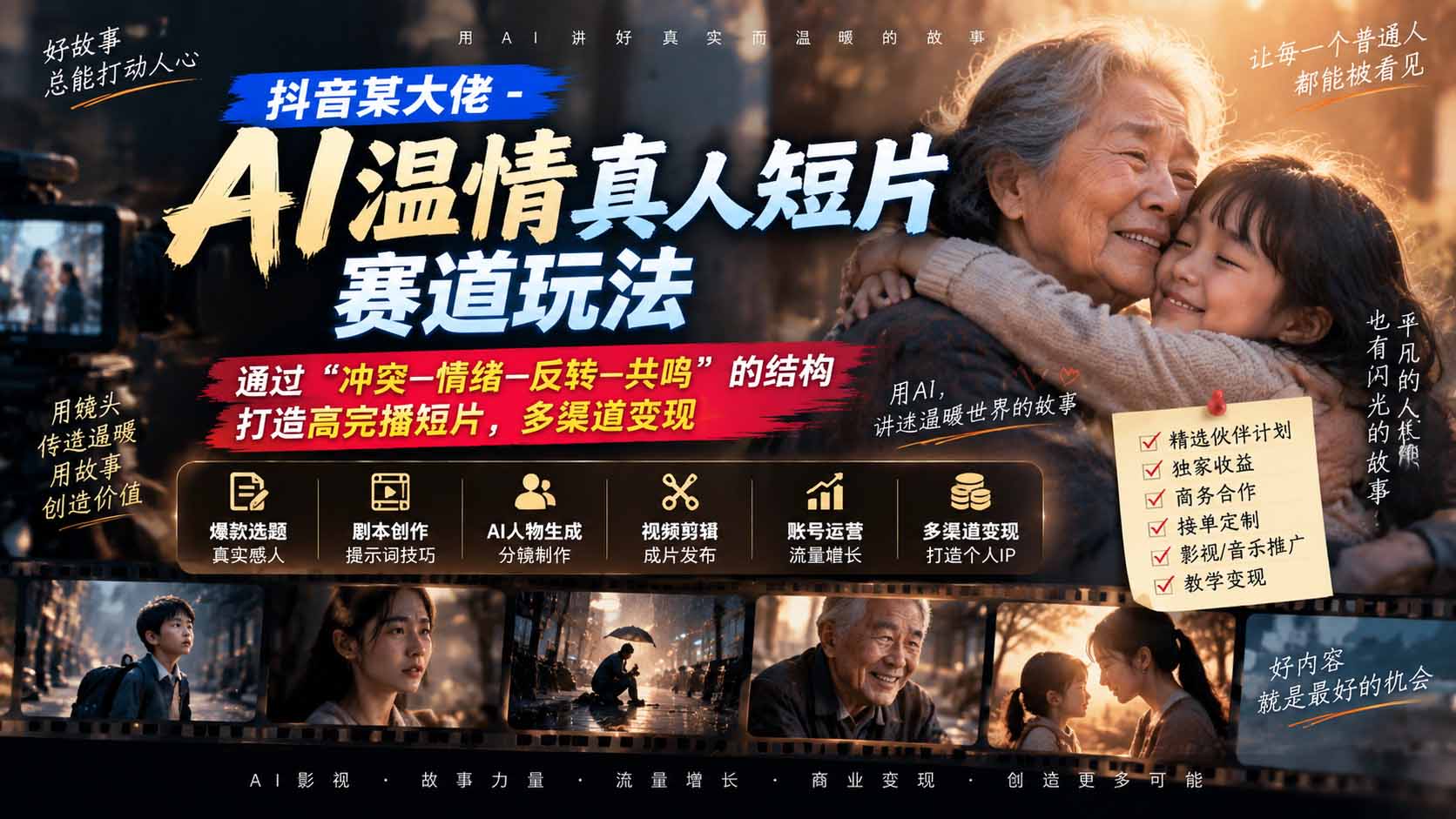 (20538期)抖音某大佬-AI温情真人短片赛道玩法:通过“冲突—情绪—反转—共鸣”的结构打造高完播短片,多渠道变现-悟空知识星球