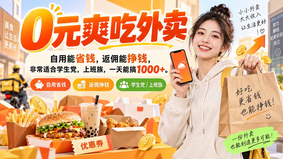 (20309期)0元爽吃外卖,自用能省钱,返佣能挣钱,非常适合学生党,上班族,一天能搞1000+-悟空知识星球