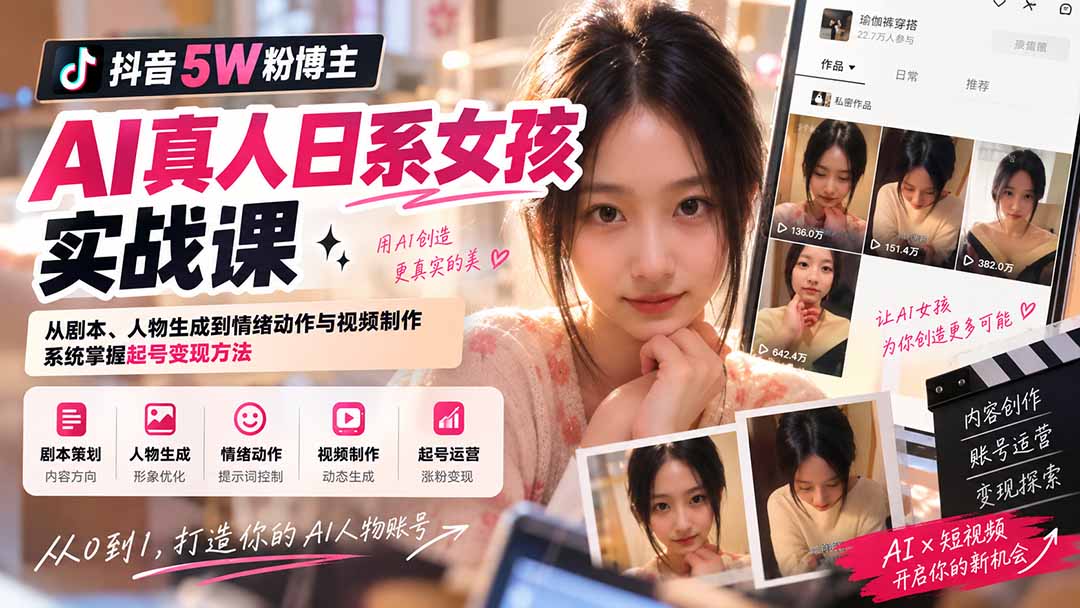(20387期)抖音5W粉博主AI真人日系女孩实战课:从剧本、人物生成到情绪动作与视频制作,系统掌握起号变现方法-悟空知识星球
