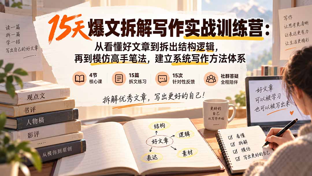 (20271期)15天爆文拆解写作实战训练营:从看懂好文章到拆出结构逻辑,再到模仿高手笔法,建立系统写作方法体系-悟空知识星球