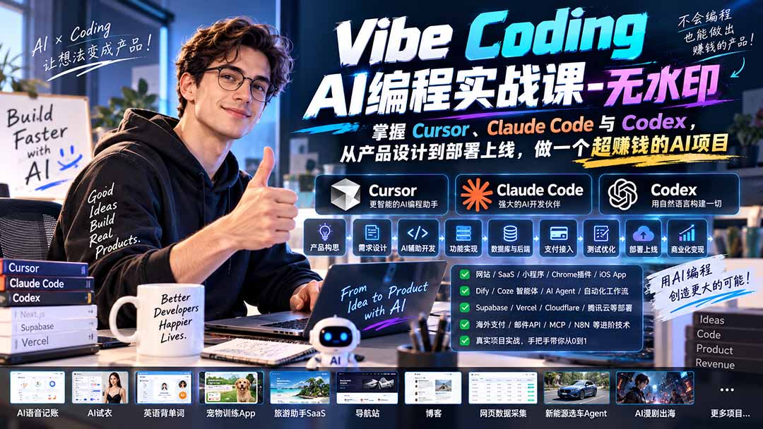 （20431期）Vibe Coding AI编程实战课-无水印：掌握Cursor、Claude Code与Codex，从产品设计到部署上线，做一个超赚钱的AI项目-悟空知识星球