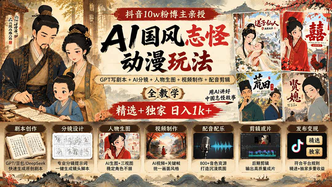 (20538期)抖音10w粉博主亲授AI国风志怪动漫玩法|GPT写剧本+AI分镜+人物生图+视频制作+配音剪辑全教学|精选+独家日入1k+-悟空知识星球