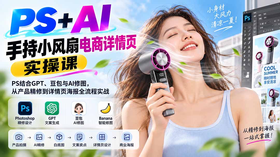 (20273期)PS+AI手持小风扇电商详情页实操课:PS结合GPT、豆包与AI修图,从产品精修到详情页海报全流程实战-悟空知识星球
