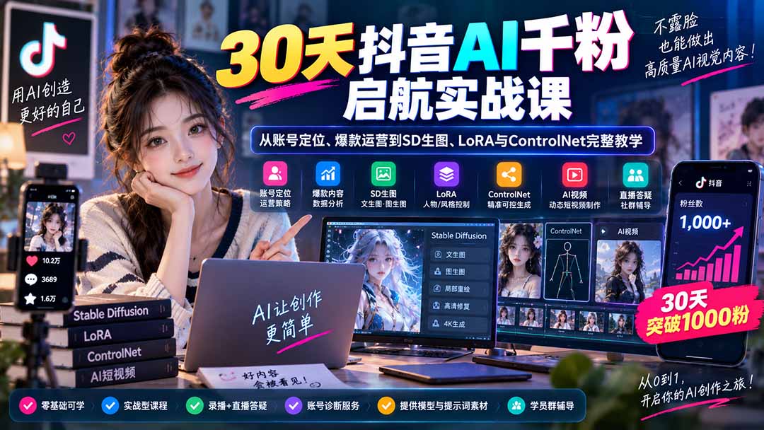 (20291期)30天抖音AI千粉启航实战课:从账号定位、爆款运营到SD生图、LoRA与ControlNet完整教学-悟空知识星球