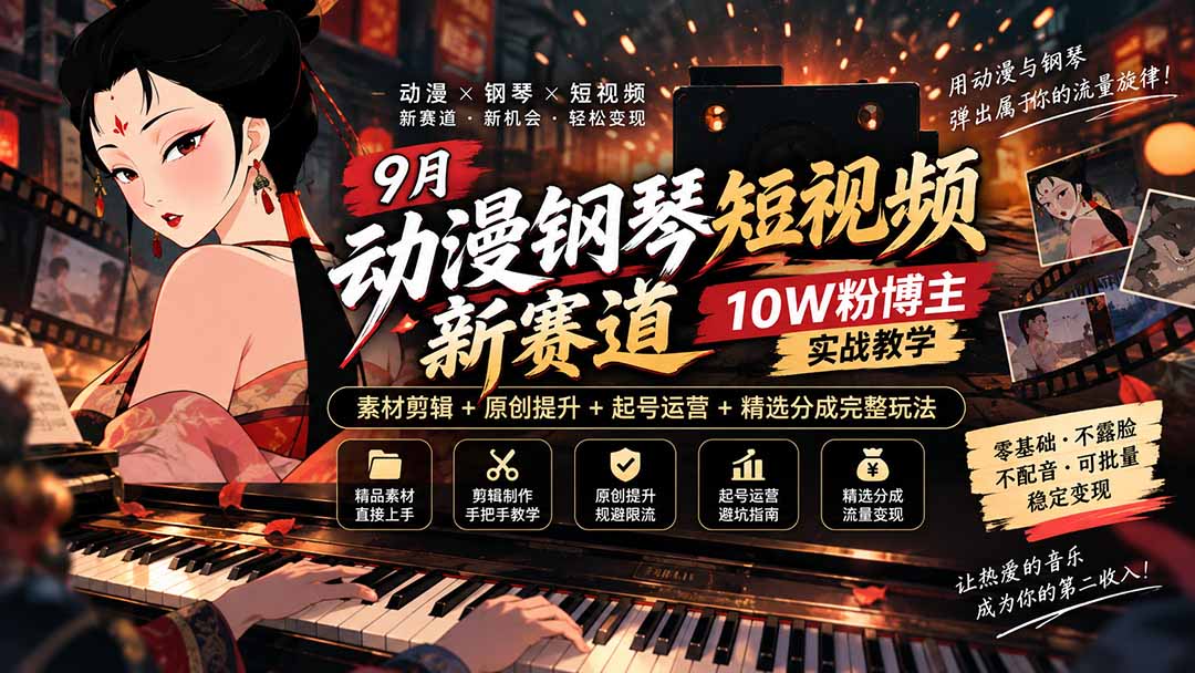 (20506期)9月动漫钢琴短视频新赛道|10W粉博主实战教学,素材剪辑+原创提升+起号运营+精选分成完整玩法-悟空知识星球