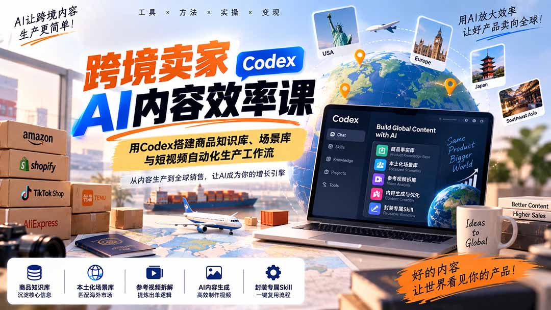 （20595期）跨境卖家AI内容效率课：用Codex搭建商品知识库、场景库与短视频自动化生产工作流-悟空知识星球