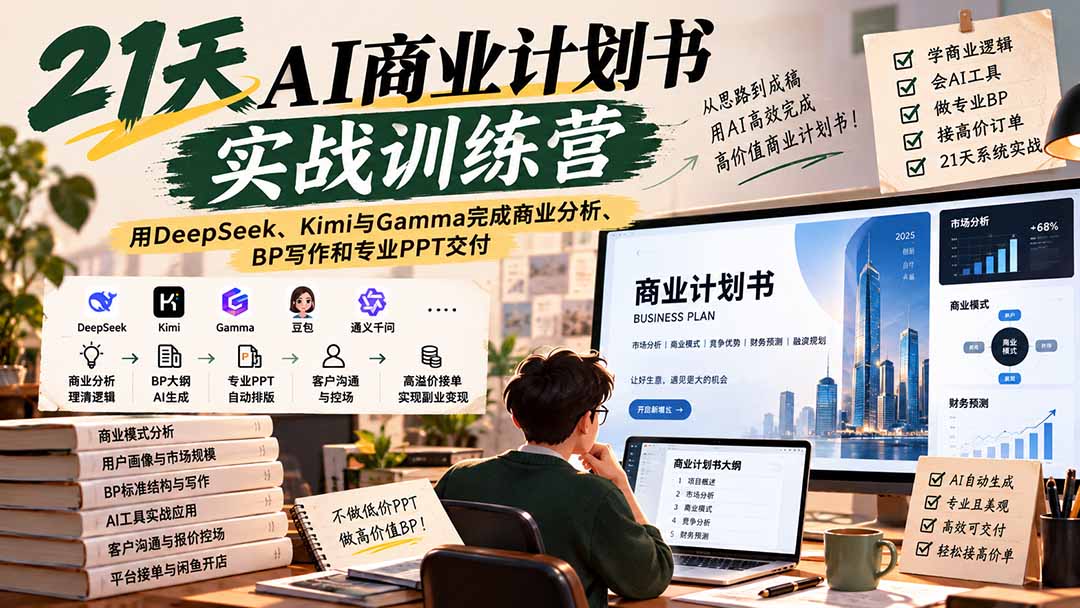 (20637期)【无水印】21天AI商业计划书实战训练营:用DeepSeek、Kimi与Gamma完成商业分析、BP写作和专业PPT交付-悟空知识星球