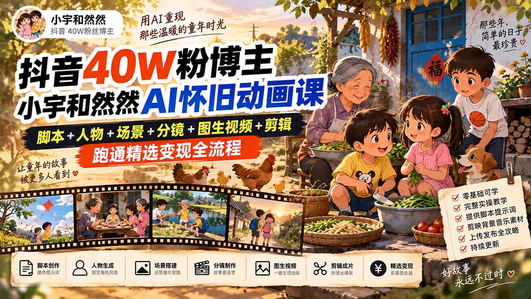 (20549期)抖音40W粉博主小宇和然然AI怀旧动画课|脚本+人物+场景+分镜+图生视频+剪辑,跑通精选变现全流程-悟空知识星球