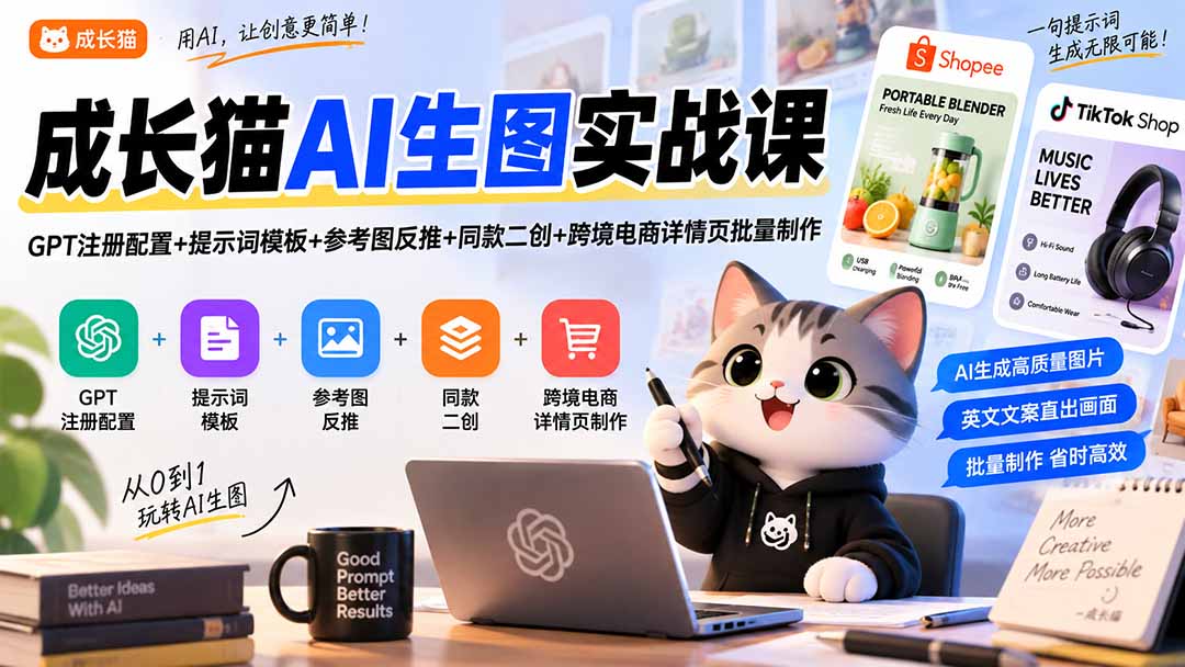 (20482期)成长猫AI生图实战课|GPT注册配置+提示词模板+参考图反推+同款二创+跨境电商详情页批量制作-悟空知识星球