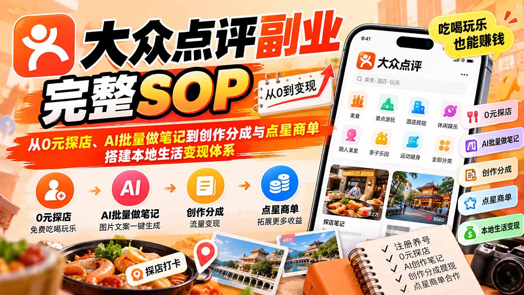 (20638期)【无水印】大众点评副业完整SOP:从0元探店、AI批量做笔记到创作分成与点星商单,搭建本地生活变现体系-悟空知识星球