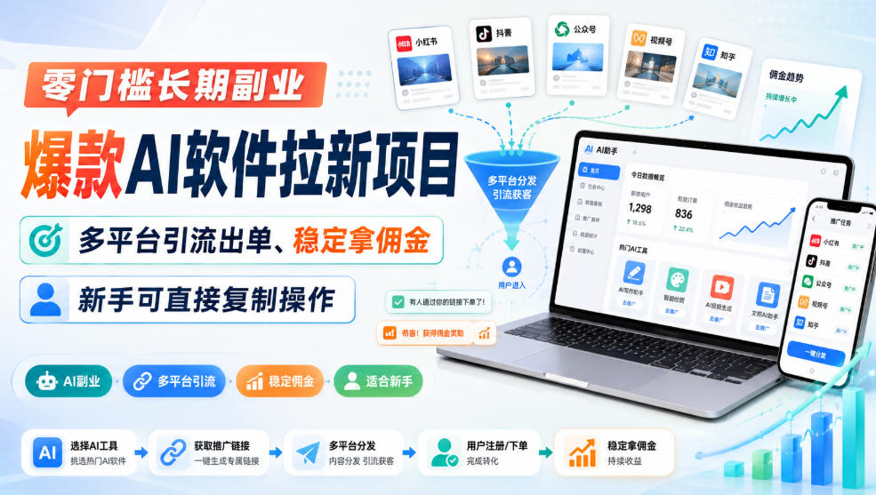 零门槛长期副业,爆款AI软件拉新项目,多平台引流出单、稳定拿佣金,新手可直接复制操作-悟空知识星球