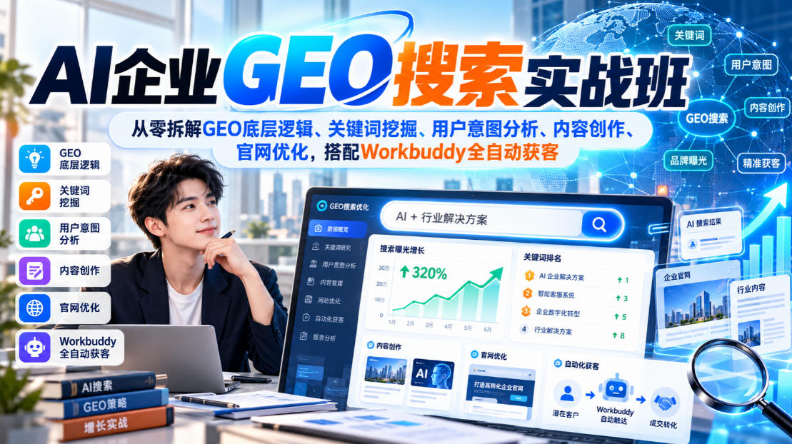 AI企业GEO搜索实战班,从零拆解GEO底层逻辑、关键词挖掘、用户意图分析、内容创作、官网优化,搭配Workbuddy全自动获客-悟空知识星球