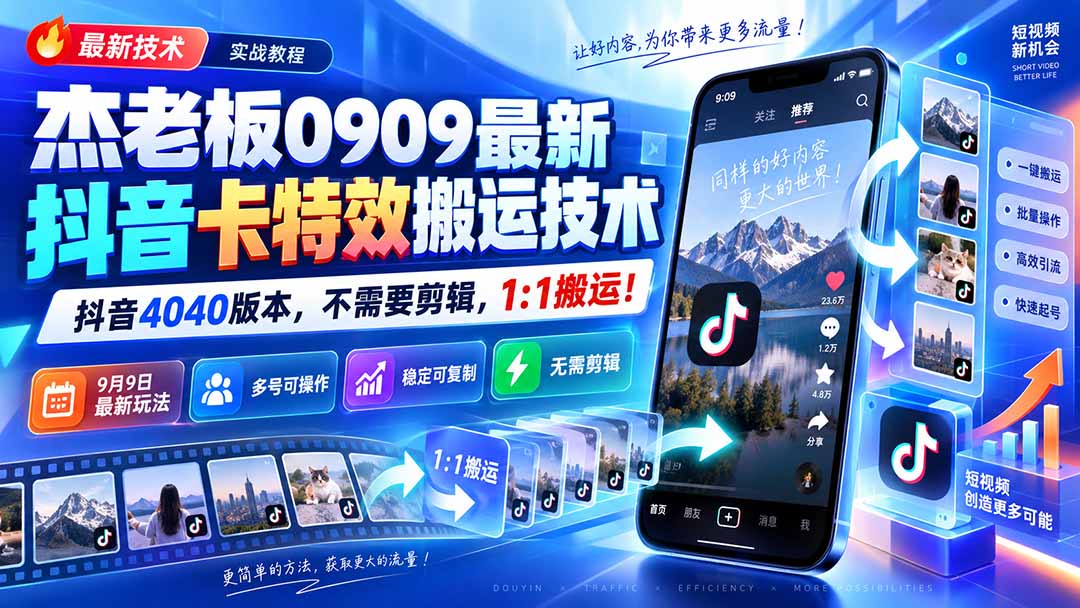 (20369期)杰老板0909最新抖音卡特效搬运技术,抖音4040版本,不需要剪辑,1:1搬运!-悟空知识星球