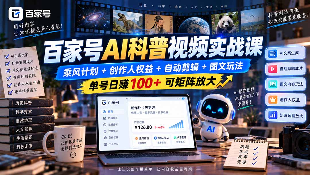 (20579期)百家号AI科普视频实战课:乘风计划+创作人权益+自动剪辑+图文玩法,单号日赚100+可矩阵放大-悟空知识星球