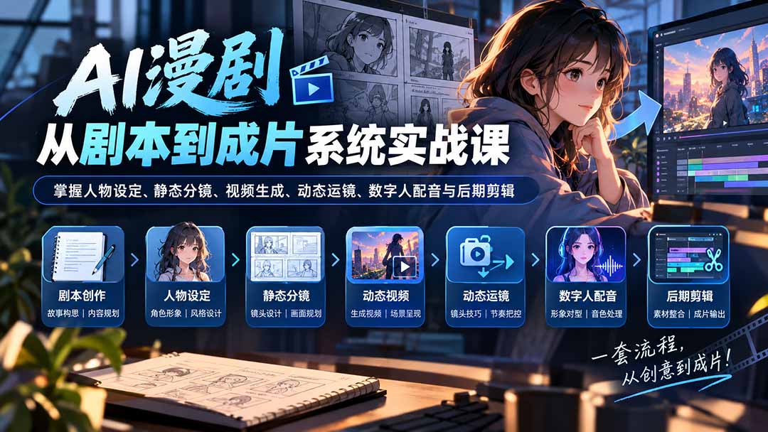 (20375期)AI漫剧从剧本到成片系统实战课:掌握人物设定、静态分镜、视频生成、动态运镜、数字人配音与后期剪辑-悟空知识星球