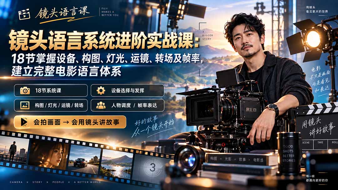 (20434期)镜头语言系统进阶实战课:18节掌握设备、构图、灯光、运镜、转场及帧率,建立完整电影语言体系-悟空知识星球